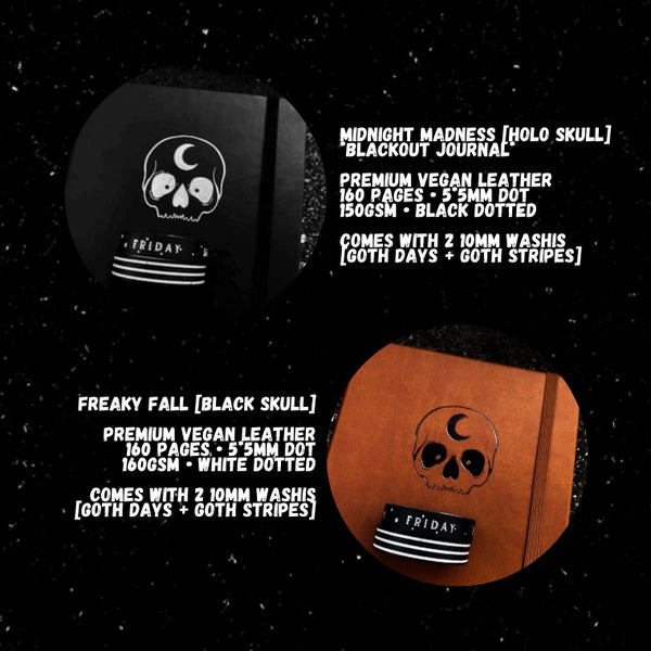 [HALLOWEEN HEXCLUSIVE] KOSMIK SKULL JOURNAL + TWO GOTH WASHI SET [IMPORTANT : NO CODES ALLOWED / PLEASE ONLY CHECKOUT “ONE” SET AT A TIME AND NO ADDITIONAL ITEMS ADDED TO CART]